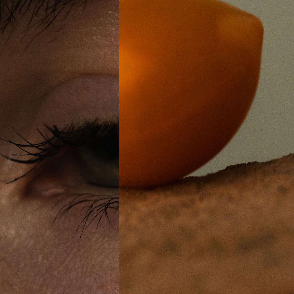 Split-frame diptych juxtaposing a closeup of long eyelashes and an eye on the left with a vibrant orange tomato on a rough, red rock to the right. The contrasting organic and geometric forms share similar warm tones by Sydney SG