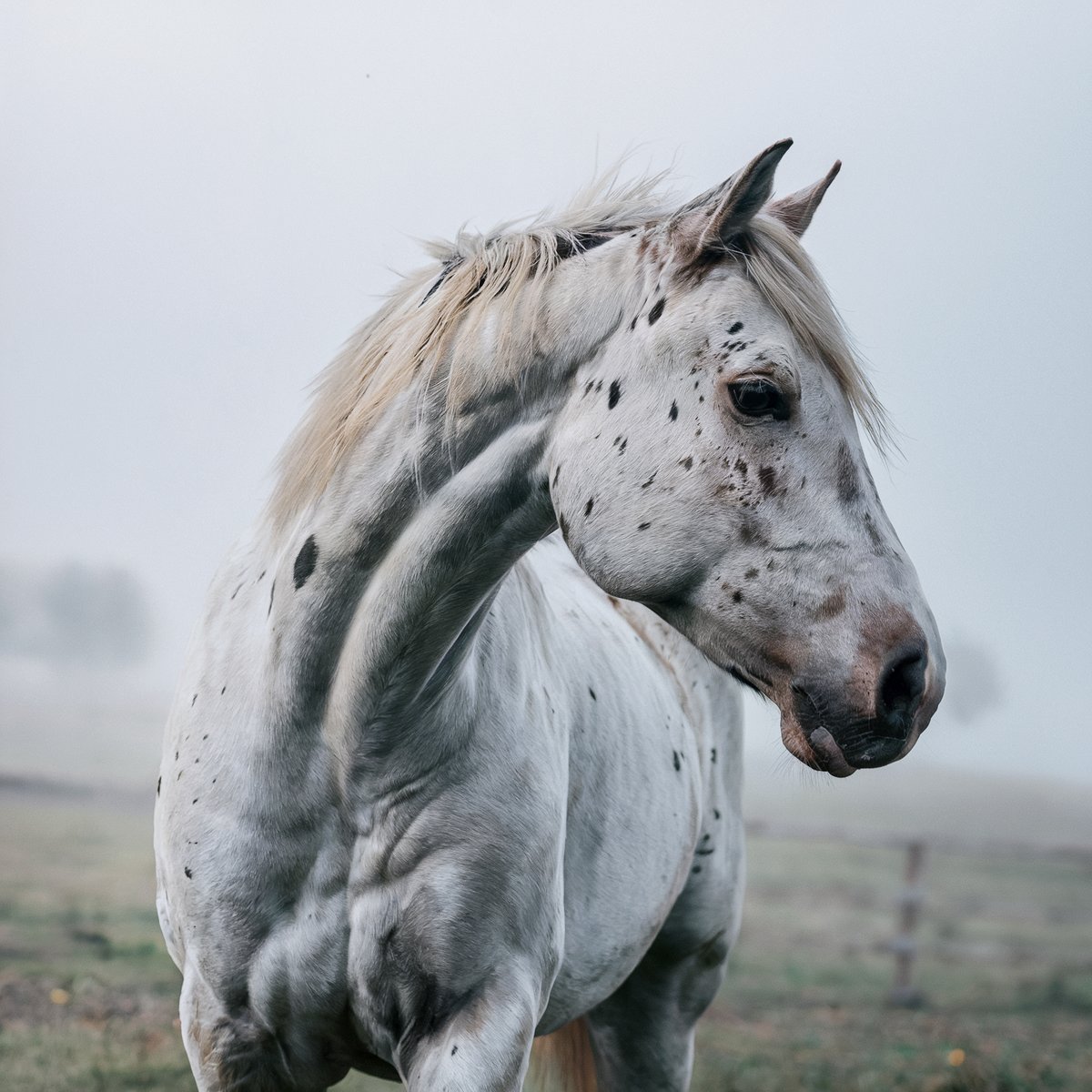 White horse with dark spots and muscular build, standing in a misty landscape. Image generated with AI. by Sydney SG