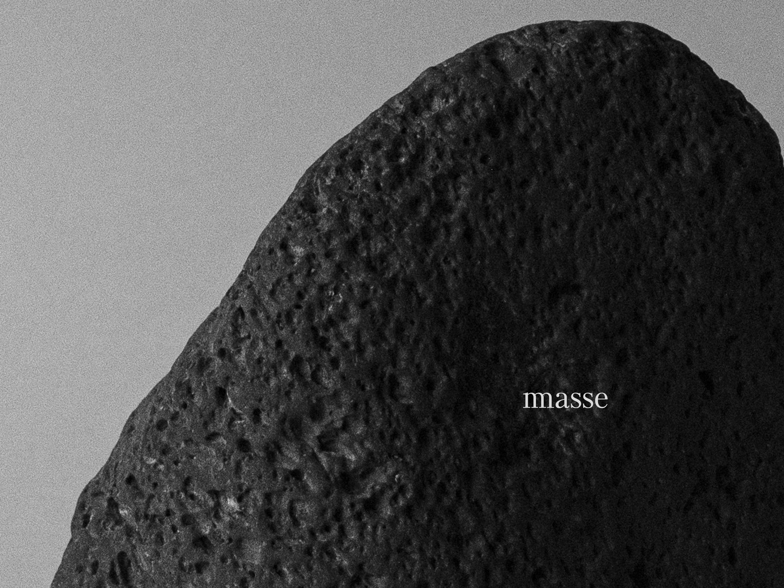 Close-up of a dark, rough-textured rock surface against a neutral background with the word "masse" in small, serif font. by Sydney SG