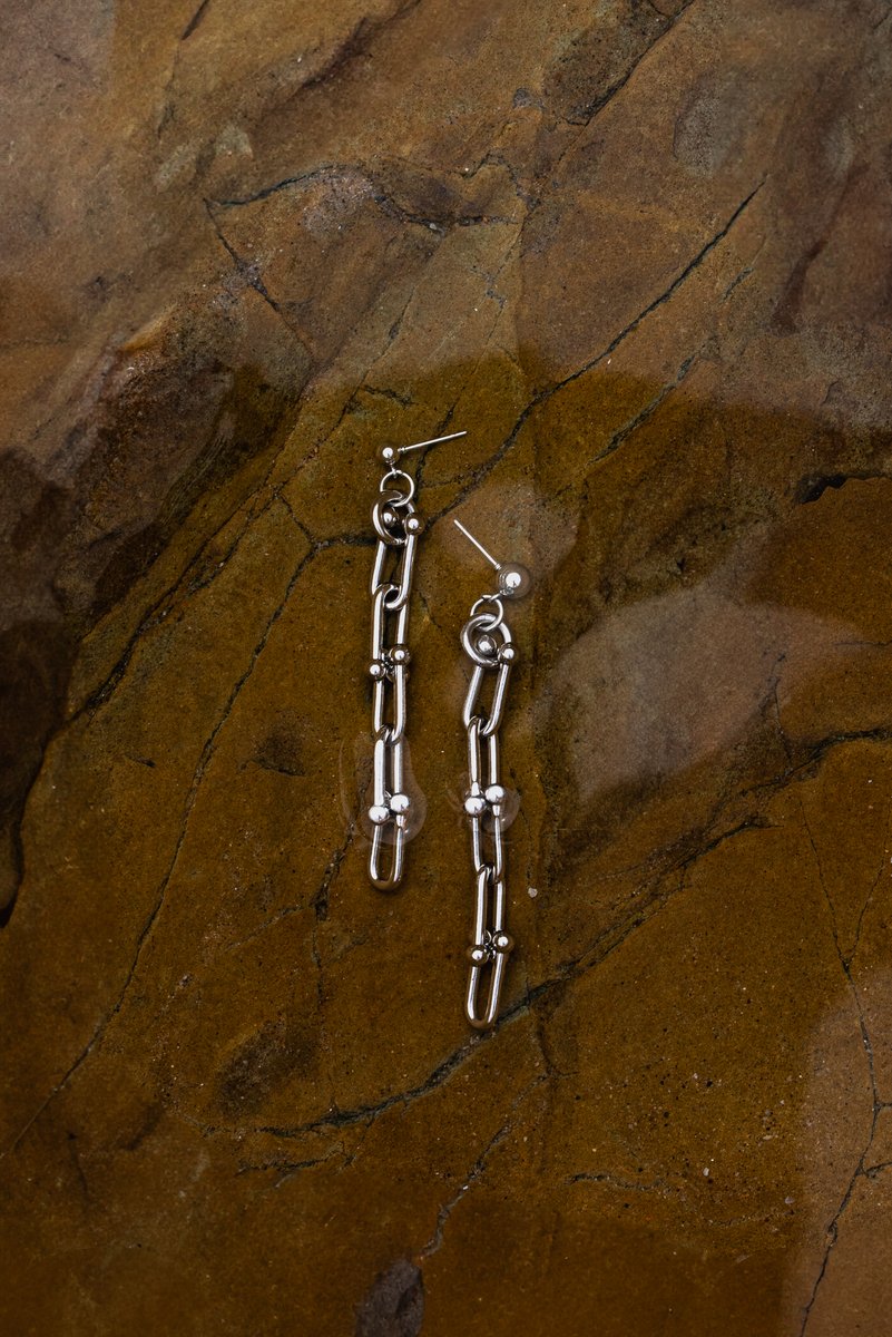 Silver chain earrings laid flat underwater on an earthy-toned rock surface. The clean lines of the jewelry contrast with the natural texture of the stone, creating a balanced composition, and in the reflection you can barely make out the hand of the photographer adjusting the lens. by Sydney SG