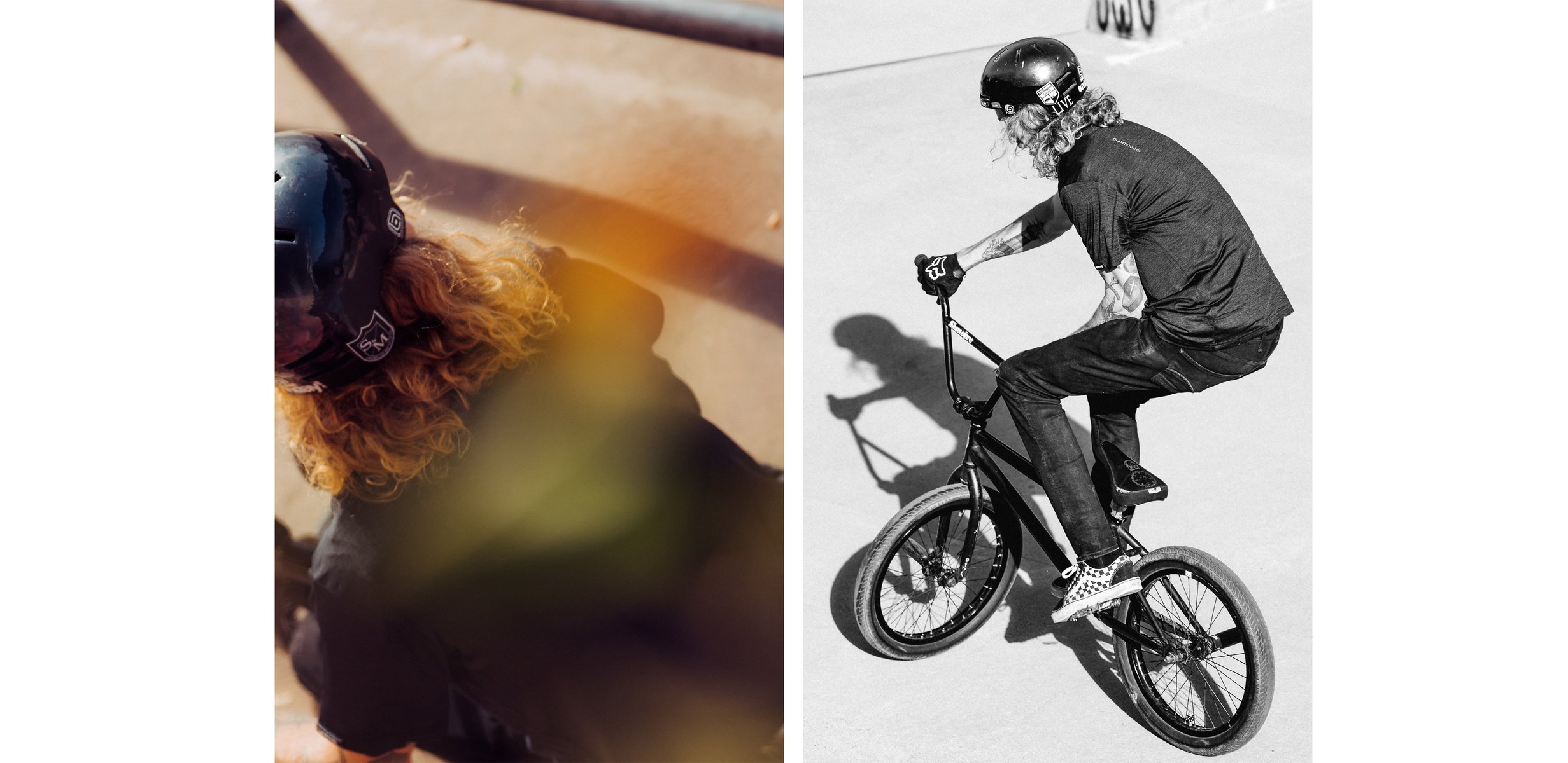  Diptych:

Left image: a photo of a bmx rider's back, helmet, and curly red hair, all slightly obscured by the golden leaves of a tree branch.

Right image: a black and white image of the same biker pedaling backwards in a circle in the harsh, bright sun. by Sydney SG