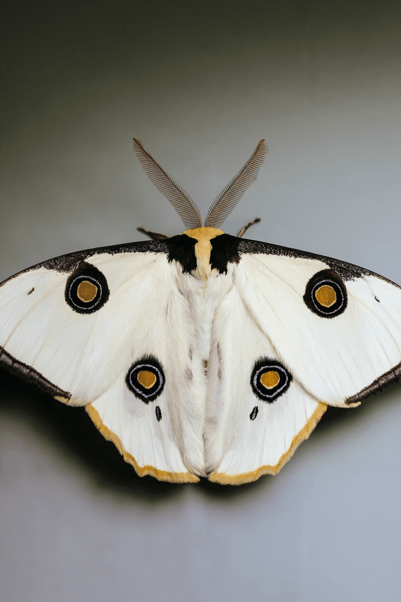Head-on portrait of a luna moth with fully extended white wings against a gradient gray background. The four amber eyespots are perfectly aligned across the wings, while the yellow head and feathery antennae add structural interest to this elegant specimen. by Sydney SG