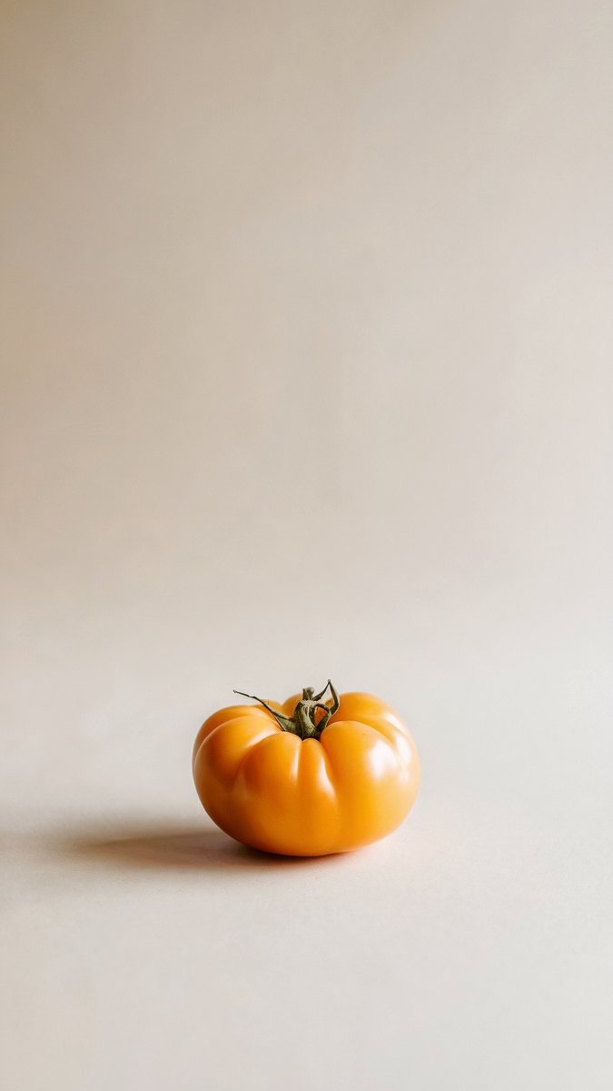 A yellow tomato with a slightly flattened shape, centered against a beige background. Soft shadow to the left. Image generated with AI. by Sydney SG