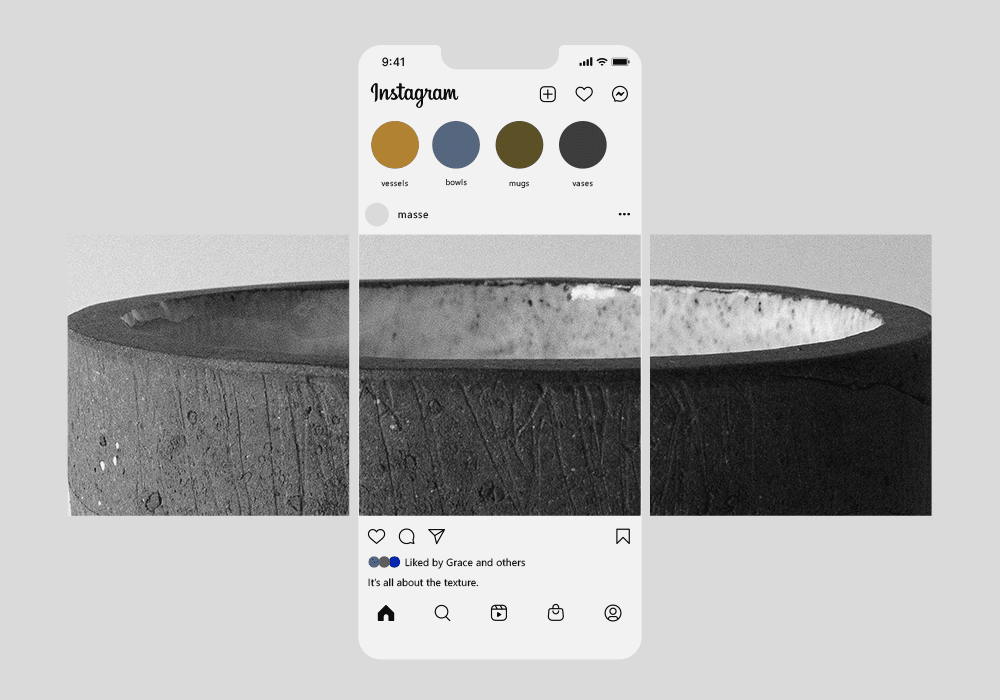An Instagram interface mockup showing a ceramic vessel photographed in black and white. The post displays the "masse" brand account with story highlights for "vessels," "bowls," "mugs," and "vases" at the top. by Sydney SG
