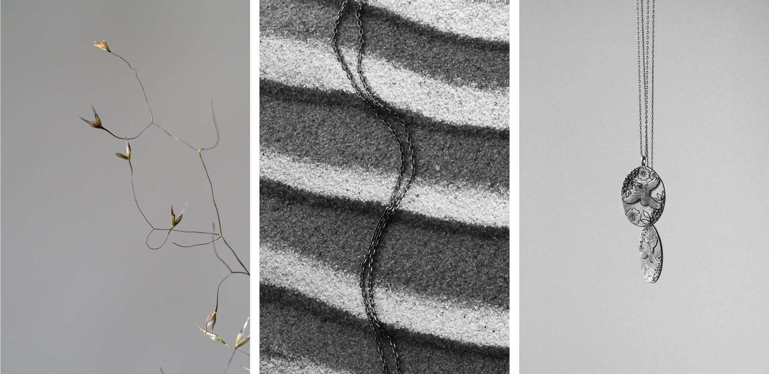  Triptych:

Left image: wispy, dried, yellow flower buds and stems against a grey background.

Center image: a black and white photo of a necklace chain stretched across harsh ripples of sand.

Right image: a black and white image of two ovular, metal eagle pendants hanging from thin chains against a grey background. by Sydney SG