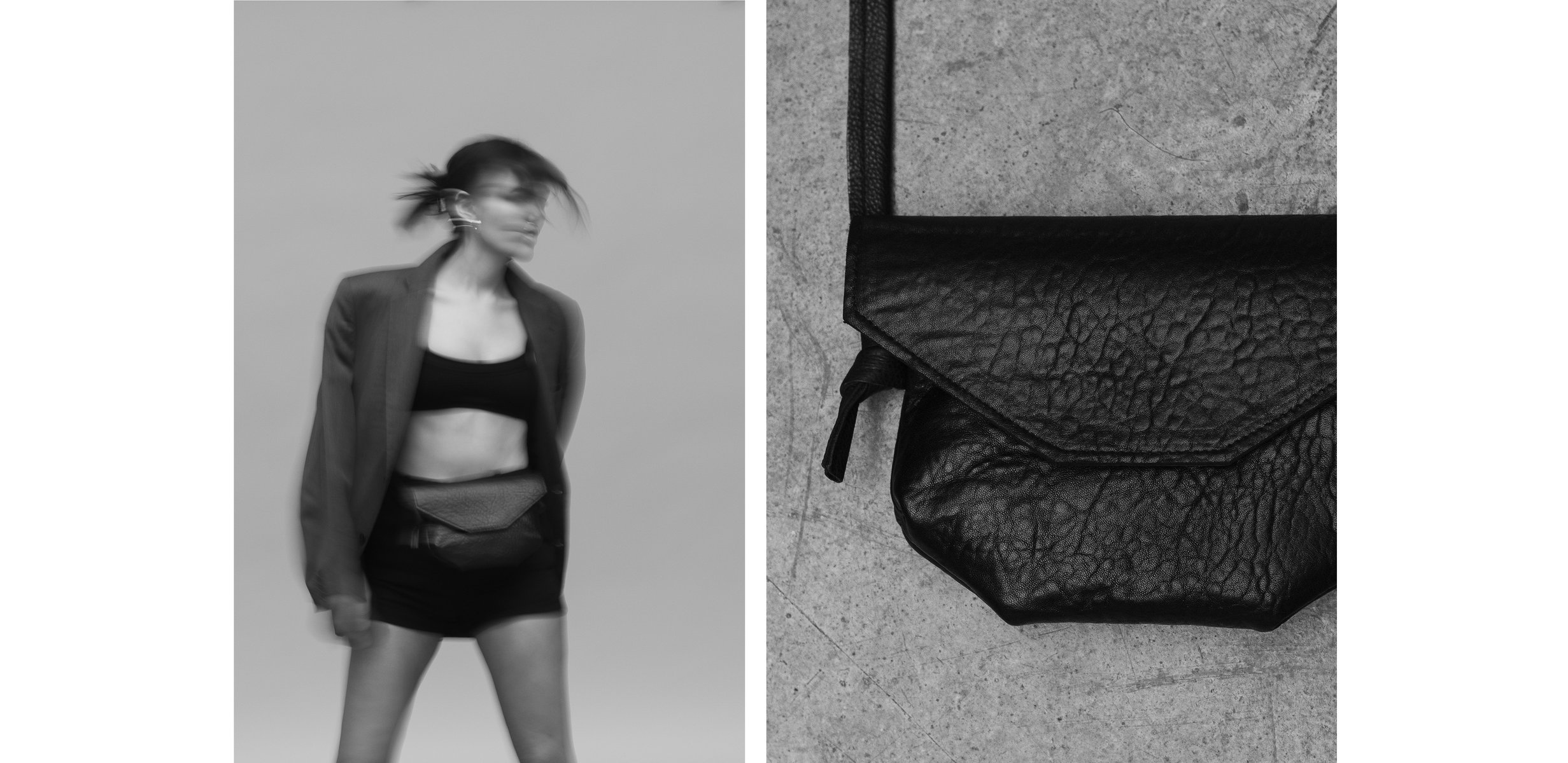  Sister Epic
Diptych:

Left image: a black and white image of a white woman who is blurred and in motion, wearing a bandeau, a blazer, black shorts, and a black leather Sister Epic bag on her hips.

Right image: a close up of the black pebbled leather back against a concrete floor. by Sydney SG