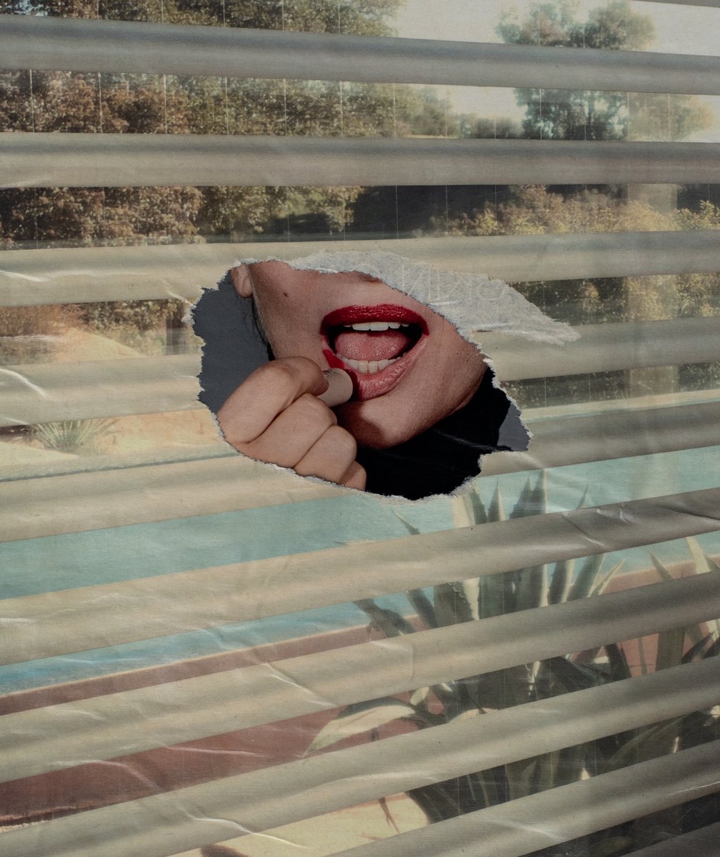 Collage-style image of a woman’s lips applying lipstick seen through a tear in a window blind, with a background of outdoor foliage. by Sydney SG