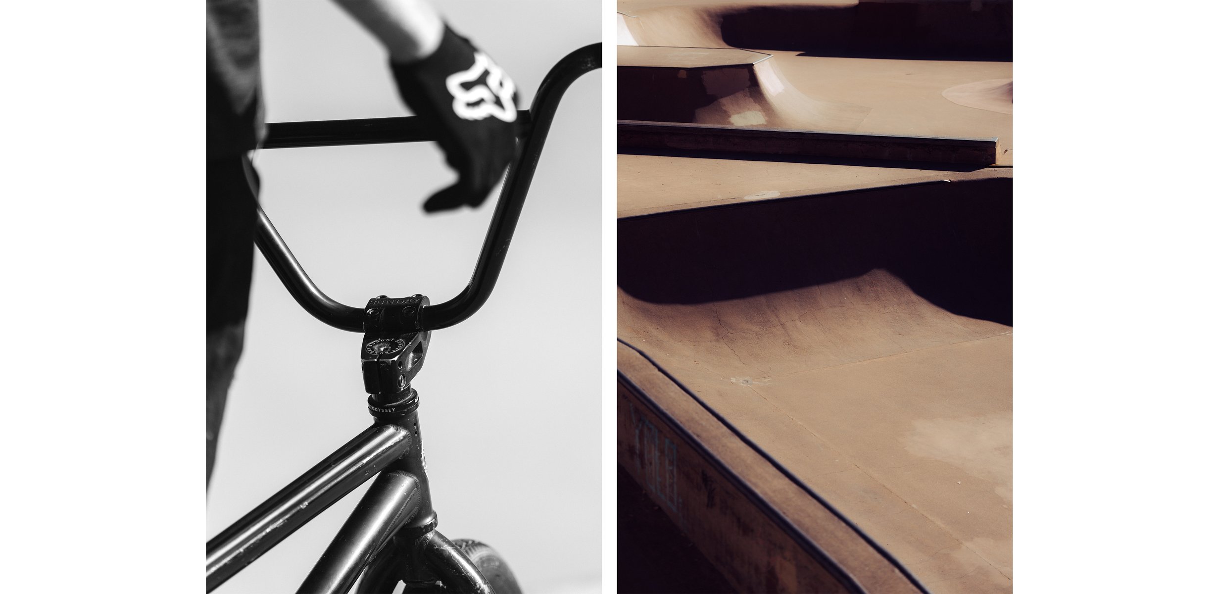  Diptych:

Left image: a black and white image of the handlebars of a bmx bike with a gloved hand balancing it upright.

Right image: an abstract, shadowy image of the ramps in a skate park. by Sydney SG