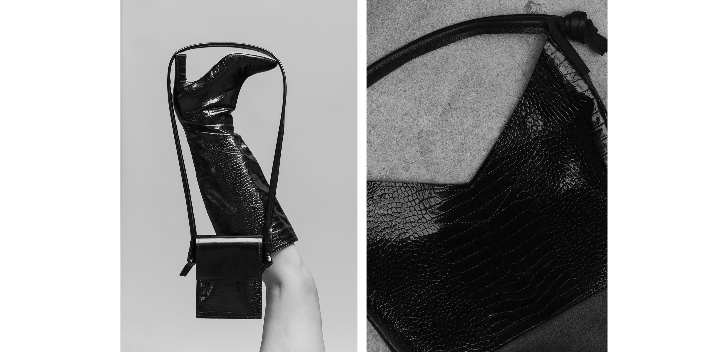  Diptych: 

Left image: a white leg wearing a knee-high black leather boot, raised straight up into the air with a shiny black leather Sister Epic bag hanging from the sole of the boot by the shoulder strap.

Right image: a close-up black and white image of a shiny black snake-skin leather shoulder bag from Sister epic, laying on a concrete floor. by Sydney SG