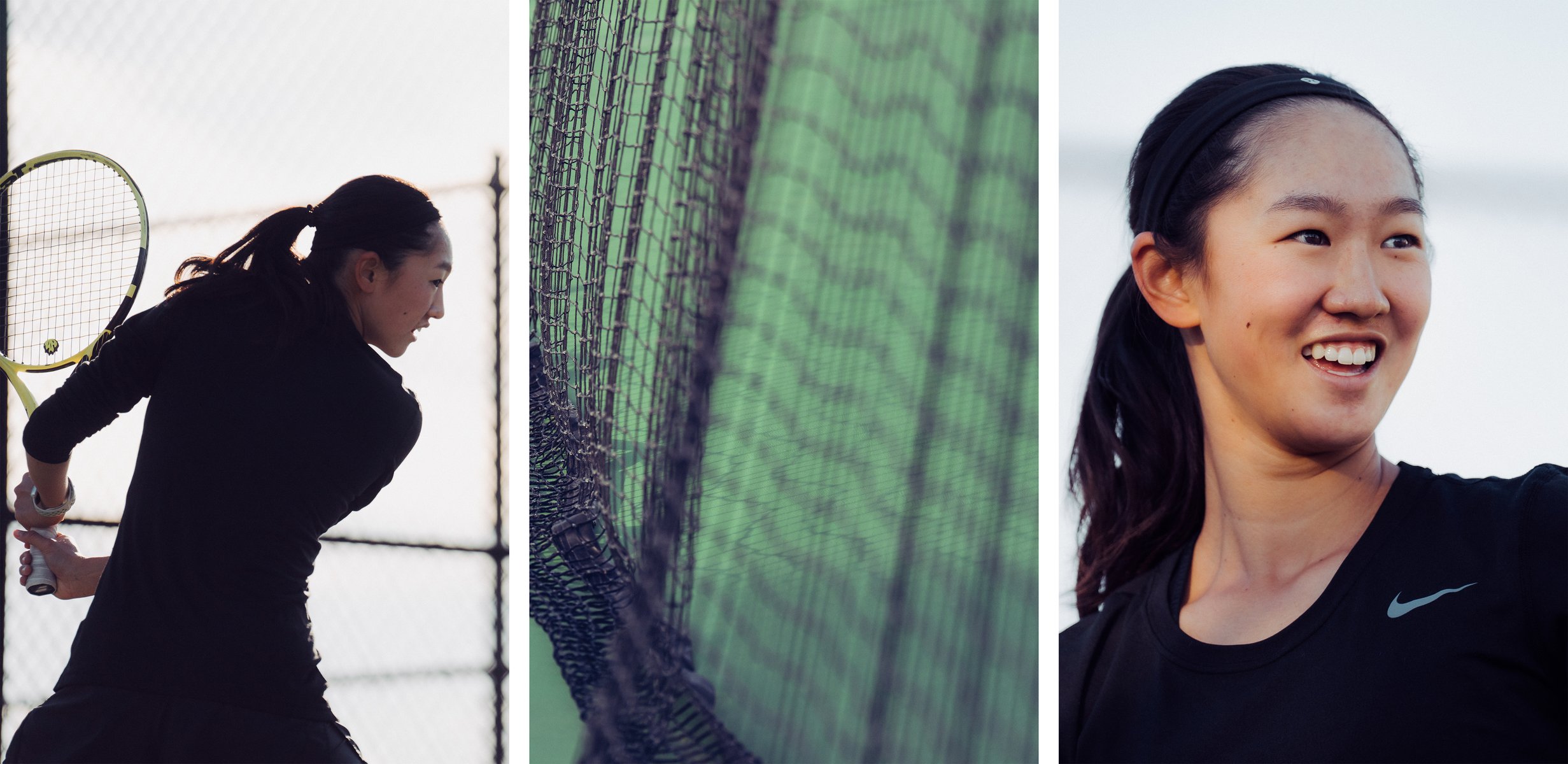  Triptych:

Left image: a tennis player with long, black hair, who is silhouetted against a chain link fence and a bright white sky, and is reaching back in a swing with her racquet.

Center image: a close-up image of a tennis court net that is dragging against the green court floor.

Right image: an image of Connie Ma with her hair tied back and smiling against a bright, white sky. by Sydney SG