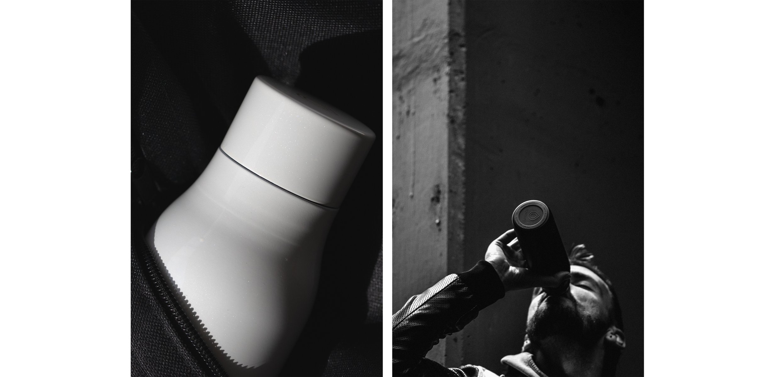 Diptych:

Left image: a black and white image of the top and lid of a sleek white water bottle peeking out of a black bag with a thick black zipper.

Right image: a black and white photo of a soccer player sitting on a concrete window ledge in an alley, drinking out of a sleek, black water bottle. by Sydney SG