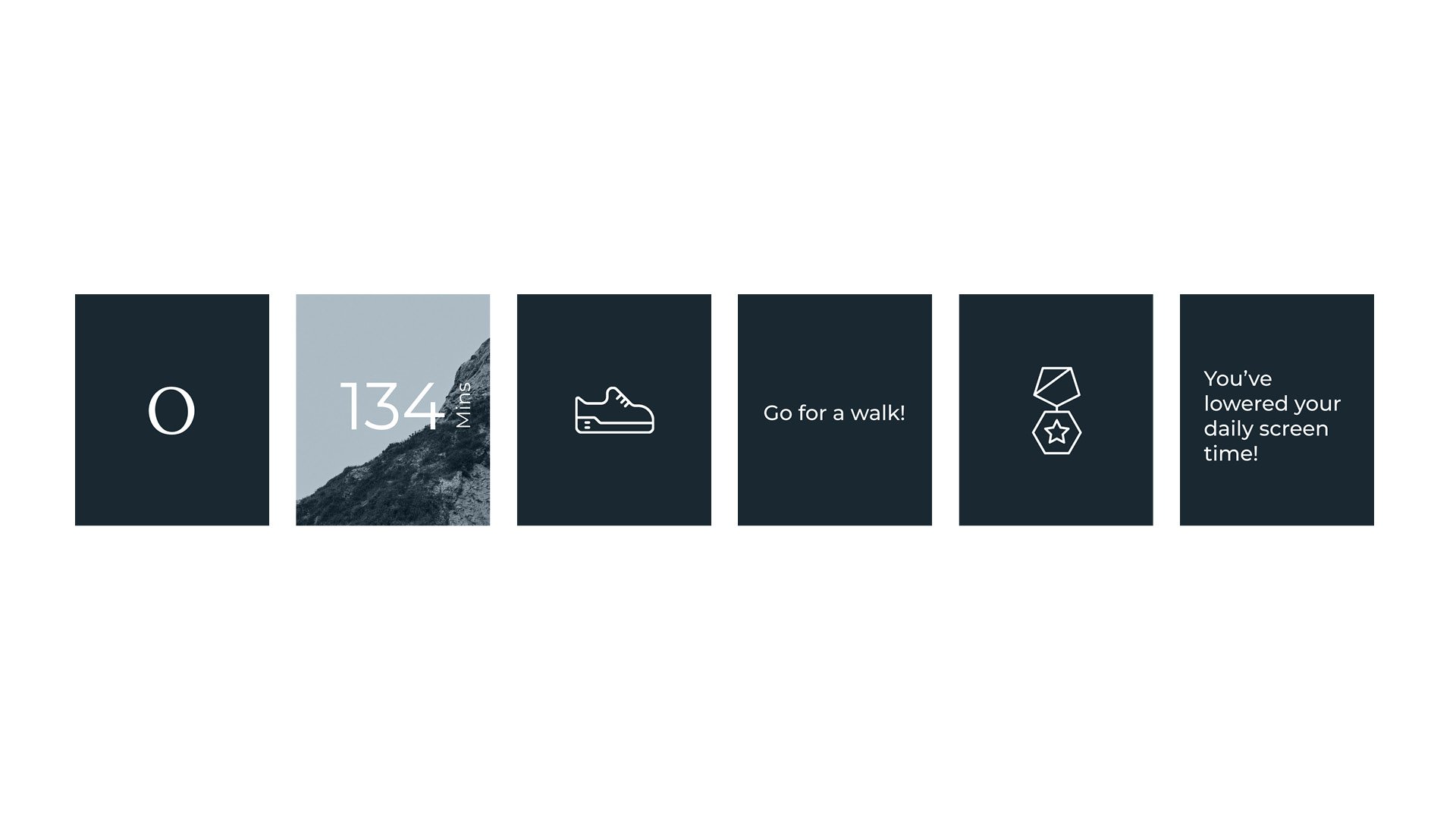 Sequence of six minimalist smartwatch screens for Otava, featuring screen time metrics, activity prompts like 'Go for a walk!', and motivational achievements, with simple icons and a dark, contrasting color palette. by Sydney SG