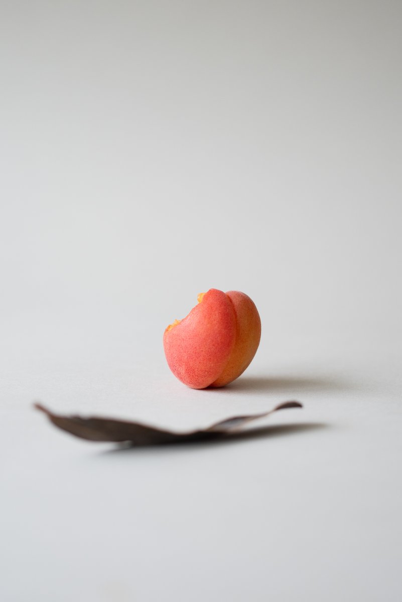 A red-orange apricot with a bite taken from the top, set on a white sheet of seamless paper behind a long, dried, blurred leaf. by Sydney SG