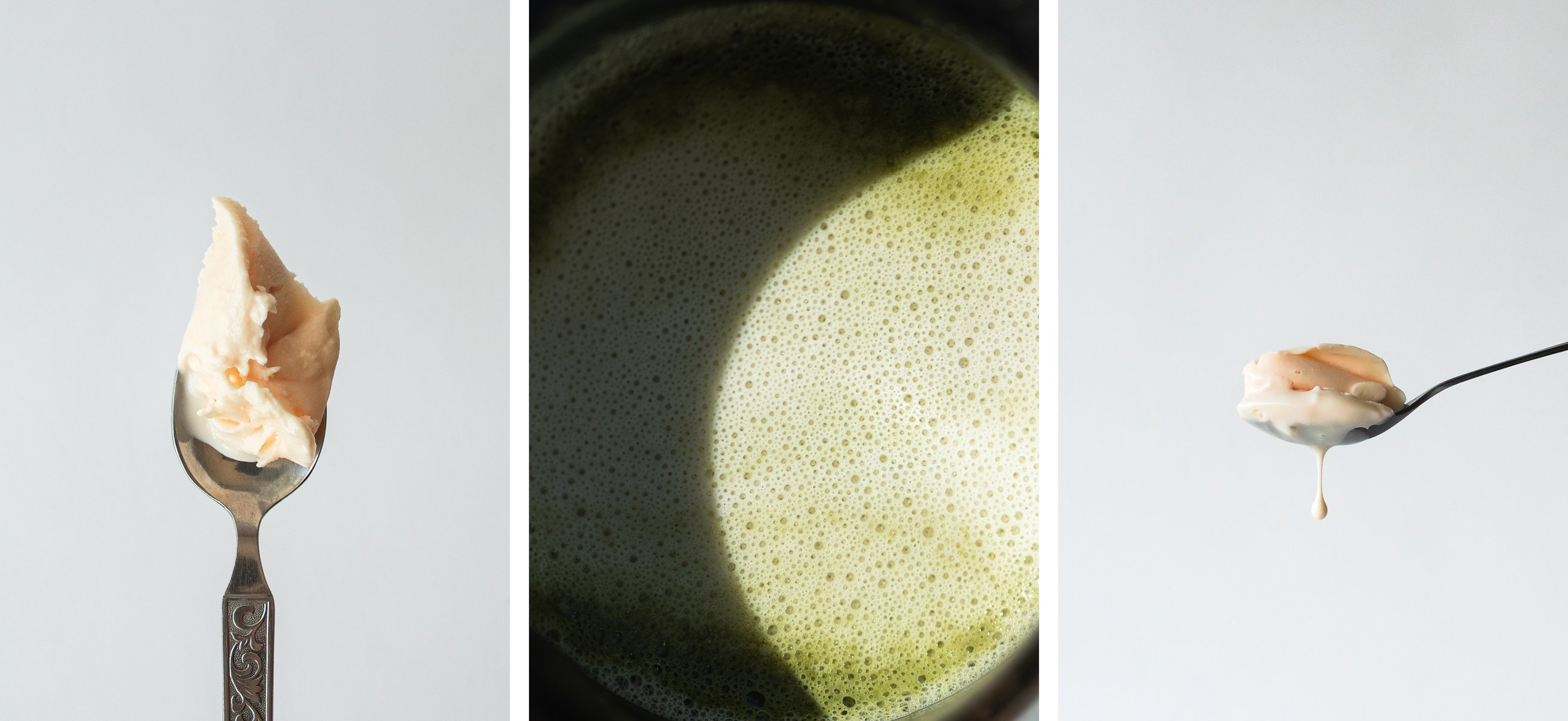  Triptych: 

Left image: a silver spoon with a floral design on the handle standing straight up, holding a small scoop of negroni-flavored gelato.

Center image: a close-up photo of a black mug filled with matcha and oat milk, with the hard light casting a deep, crescent-shaped shadow across half of the frame.

Right image: a spoonful of negroni-flavored gelato that is beginning to melt, with a drop of gelato about to fall from the bottom of the spoon. by Sydney SG