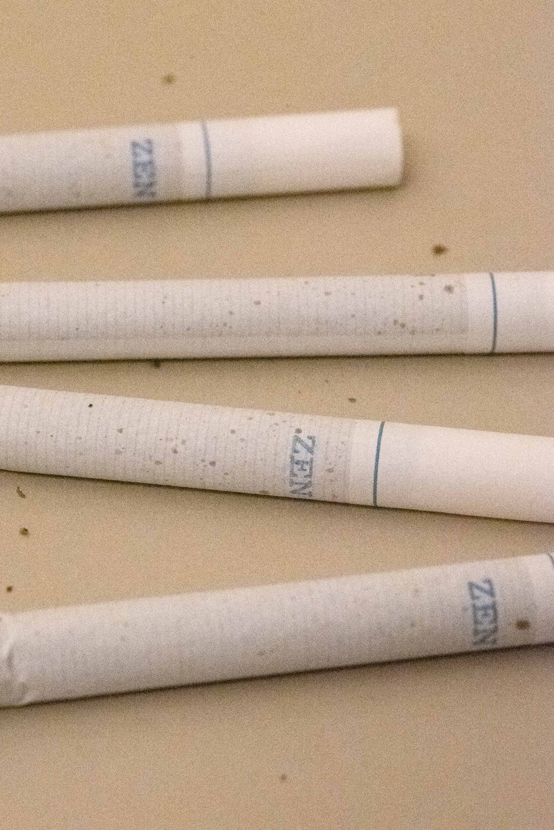 Four white pre-rolled CBD cigarettes labeled “ZEN” laid diagonally on a neutral surface, with small bits of bud scattered around. by Sydney SG