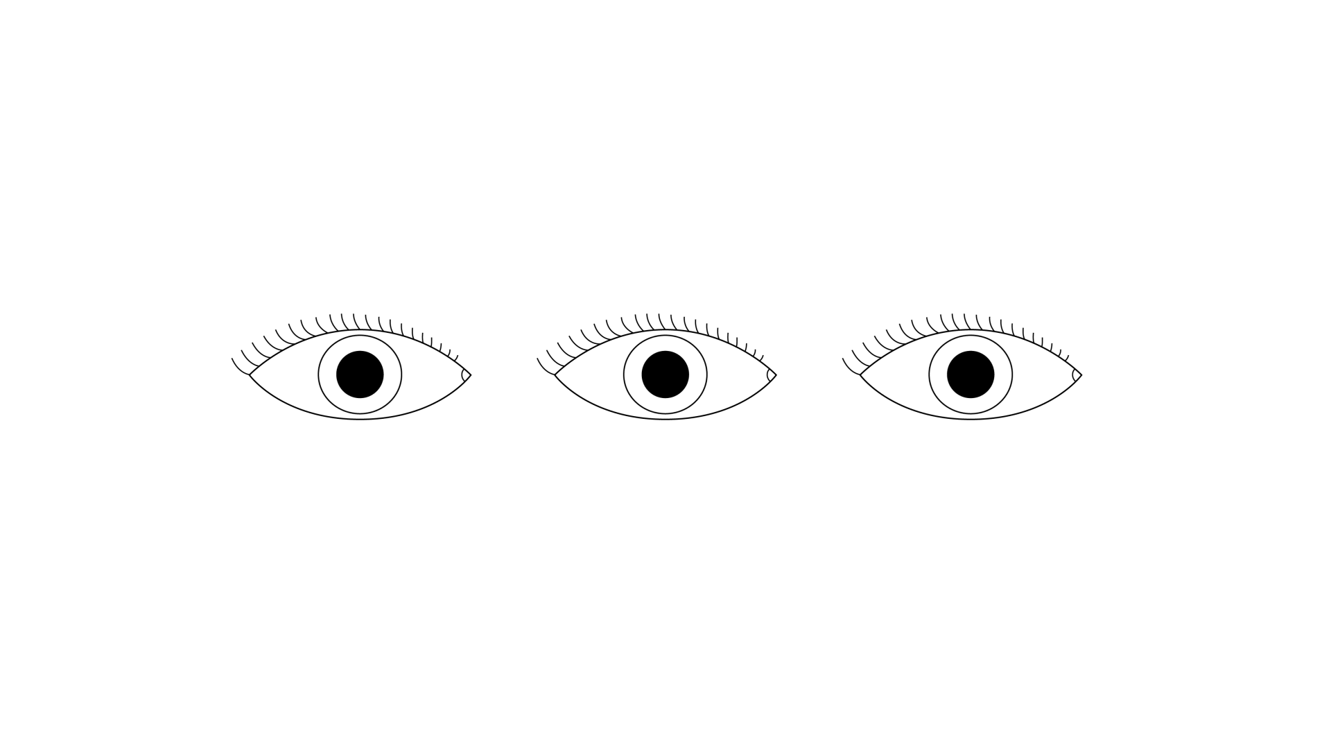 A gif of three almond-shaped eyes in a horizontal line across the screen. Each eye starts with one iris, which slowly rolls up and back, revealing a second iris from the bottom of the eye. The animation continues with irises rolling in the same direction, but slightly staggered with the left eye rolling first, then center, then right. Throughout the animation the colors change from black on white to red on white, then blue on red, red on green, green on periwinkle, etc. by Sydney SG