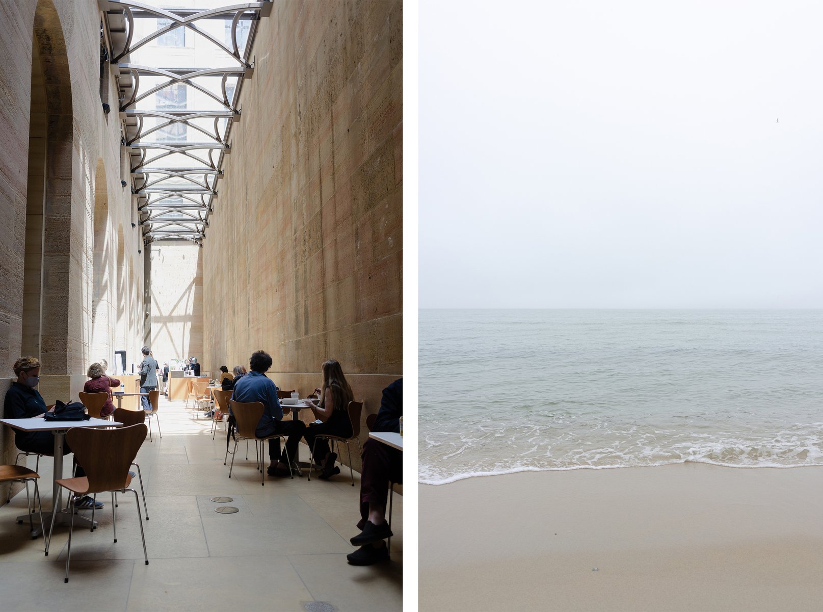  Personal Work
Dyptich:

Left image: the dining hall of the Philly Art Museum filled with people at small tables under a large, sculptural skylight.

Right image: the calm, hazy ocean lapping the shore against an overcast sky. by Sydney SG