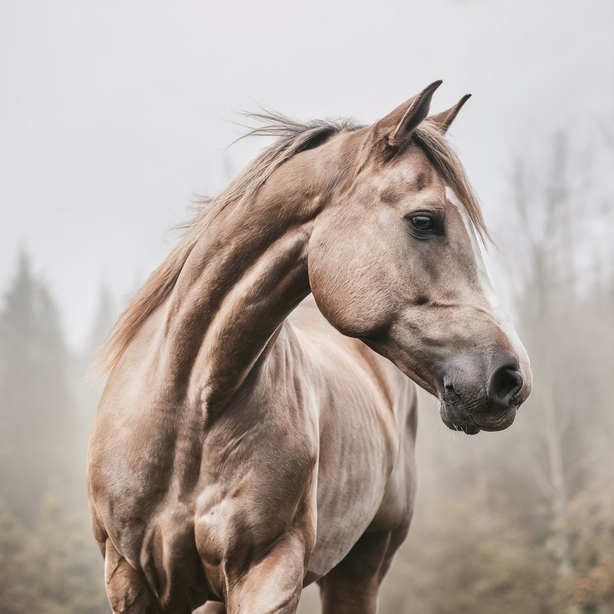 Light brown horse with a muscular build, looking to the side in a misty forest setting. Image generated with AI. by Sydney SG