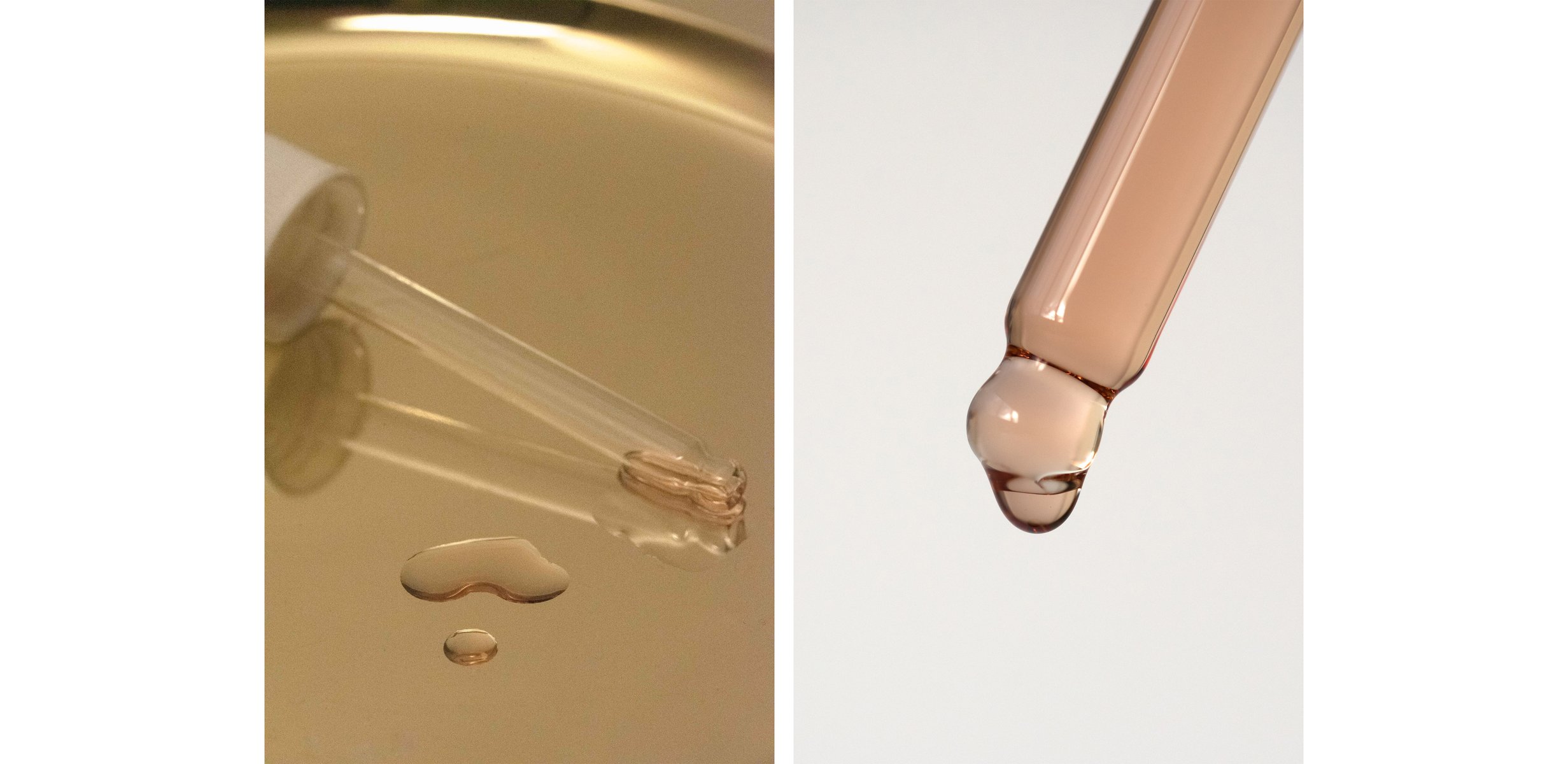  Diptych:

Left image: an empty glass dropper resting on a golden plate with a drop of CBD oil spilled on it.

Right image: macro image of a drop of peachy-pink CBD oil in a glass dropper. by Sydney SG