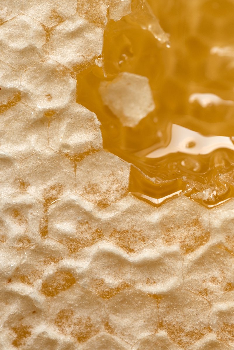 A zoomed-in shot of a honeycomb with liquid honey filling the cells, highlighting the natural amber tones. by Sydney SG