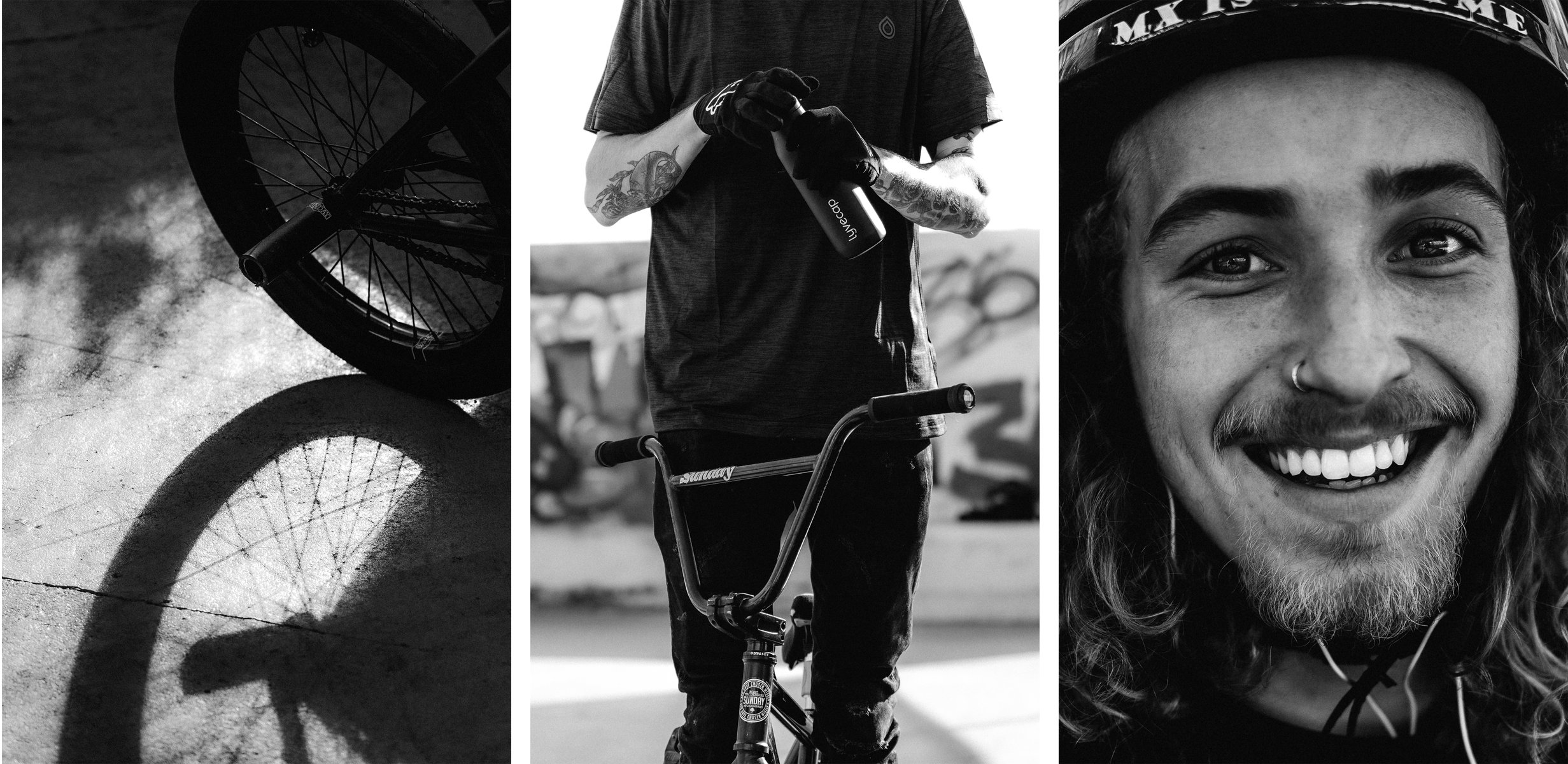  Triptych:

Left image: a black and white image of a bmx tire with pegs, casting a hard shadow onto the sidewalk.

Center image: a black and white image of a tattooed biker standing over his bike and opening a black water bottle.

Right image: a close-up image of Jack Shipley, wearing a helmet and smiling into the camera. by Sydney SG