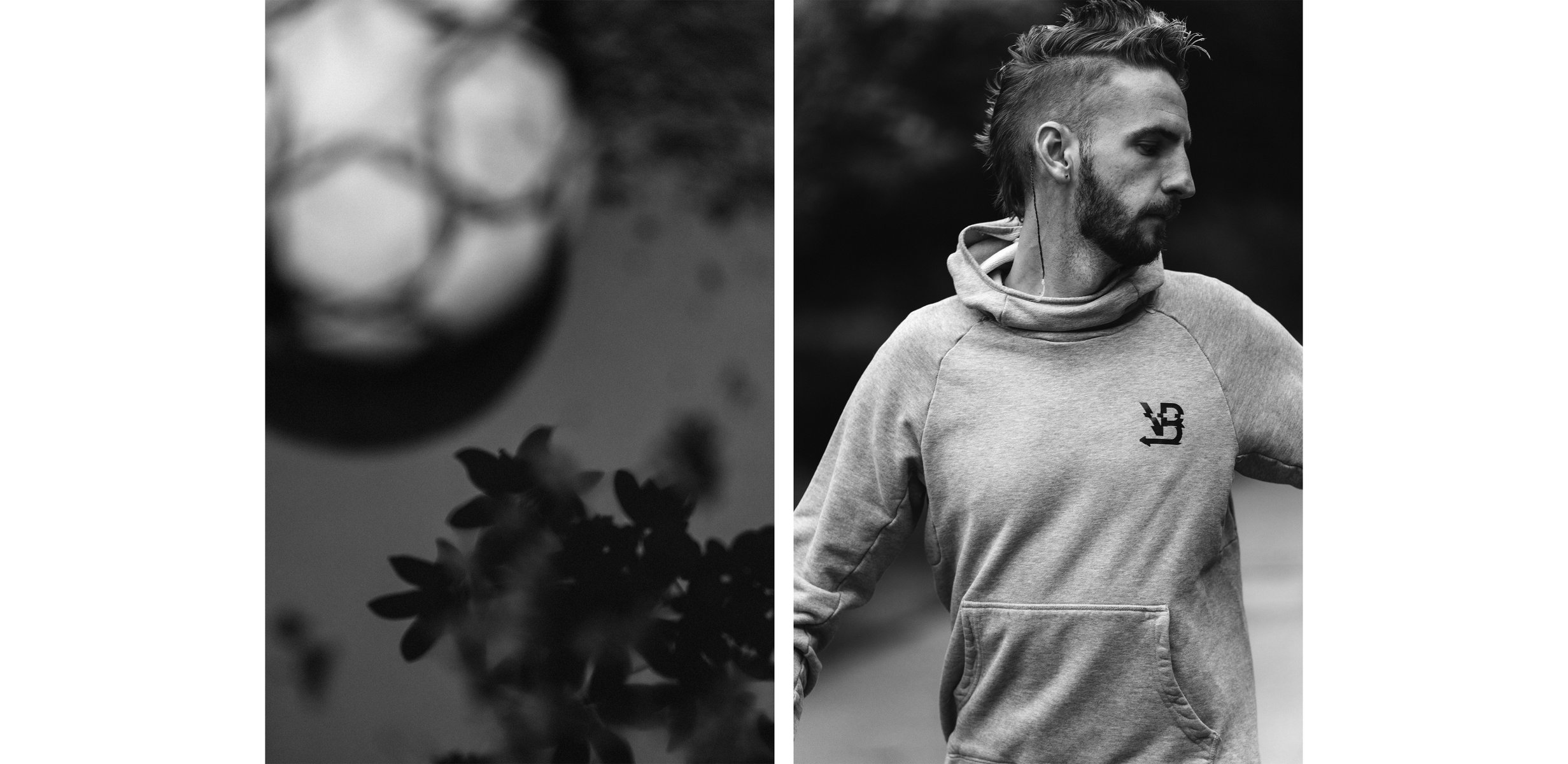  Diptych:

Left image: a black and white image of a soccer ball in a puddle that is reflecting the trees and the sky.

Right image: a black and white image of a soccer player in motion and wearing a grey hoodie. He's looking towards camera right and reaching in that direction. by Sydney SG