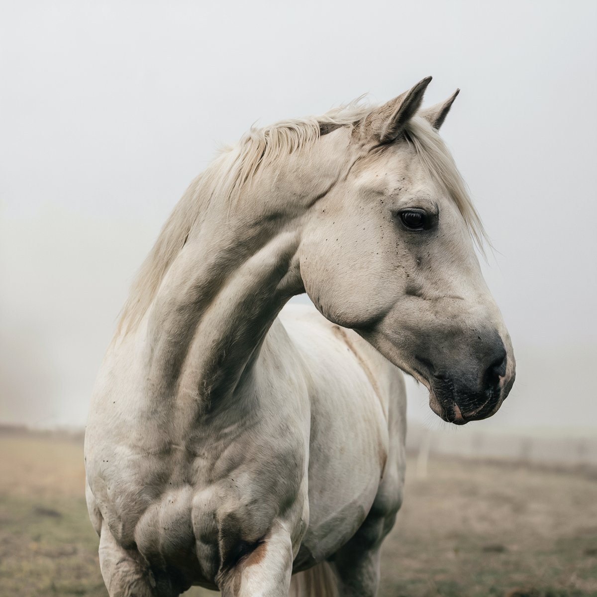 White horse with a muscular frame, standing in a foggy field. Image generated with AI. by Sydney SG