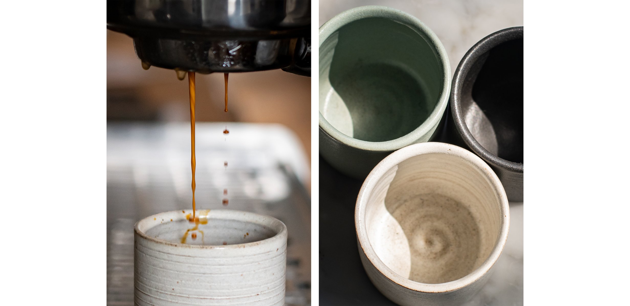  Diptych: 

Left image: a stream of espresso pouring from the portafilter of an espresso machine and into an off-white, stoneware cup.

Right image: a close-up image of three stoneware cups: sea foam green, black, and white, clockwise from top left. by Sydney SG