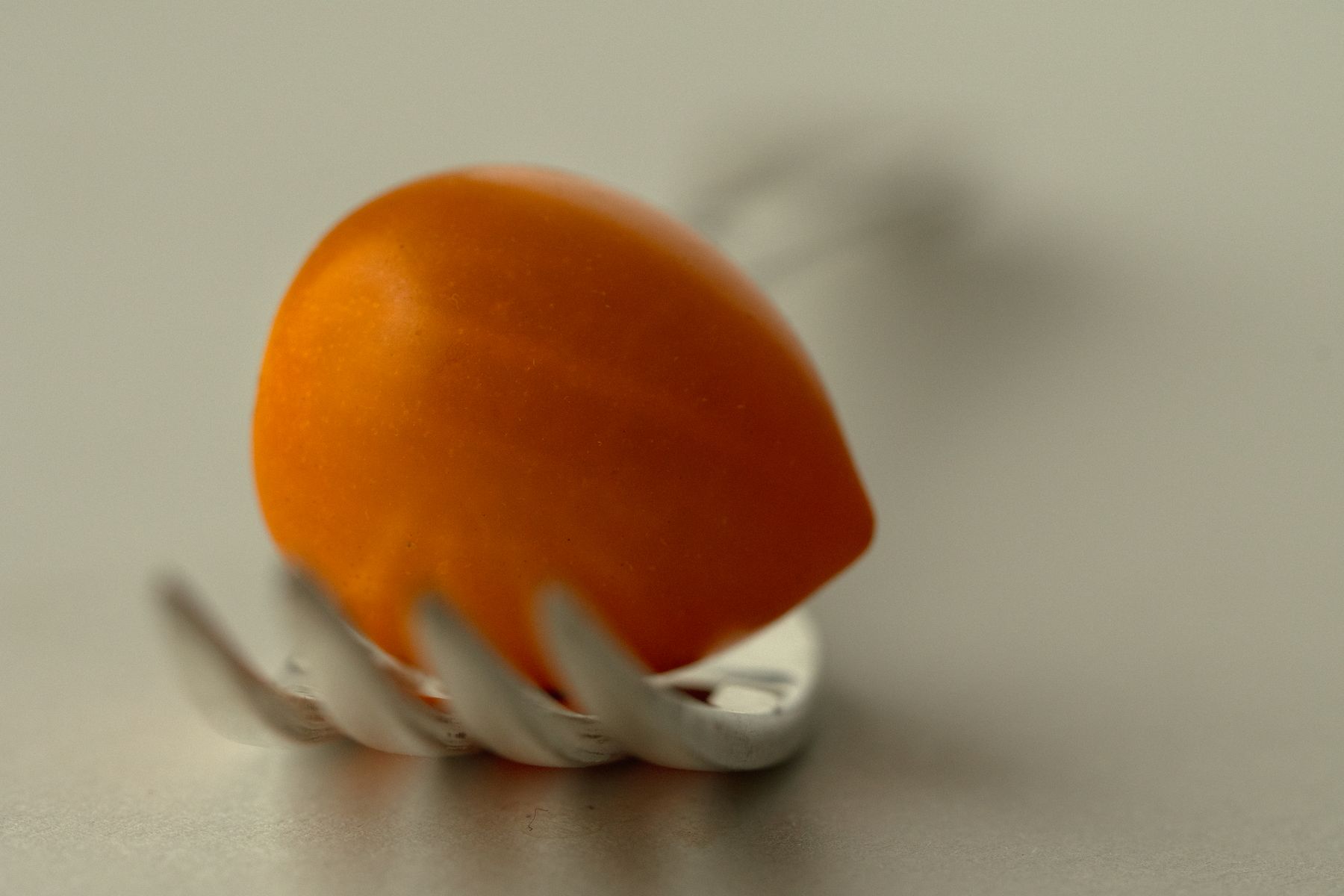 A bright orange tomato cradled by a silver fork, captured in shallow focus. The intimate composition emphasizes the fruit's vivid color against a soft neutral background. by Sydney SG