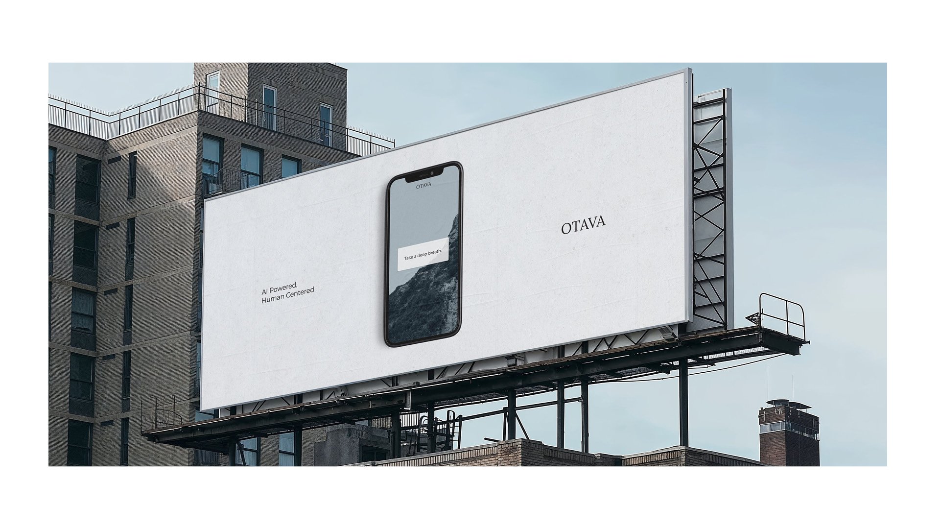 Outdoor billboard advertisement for Otava featuring a minimalist smartphone display with the text 'Take a deep breath,' set against a textured white background and framed by urban architecture under a clear sky. by Sydney SG