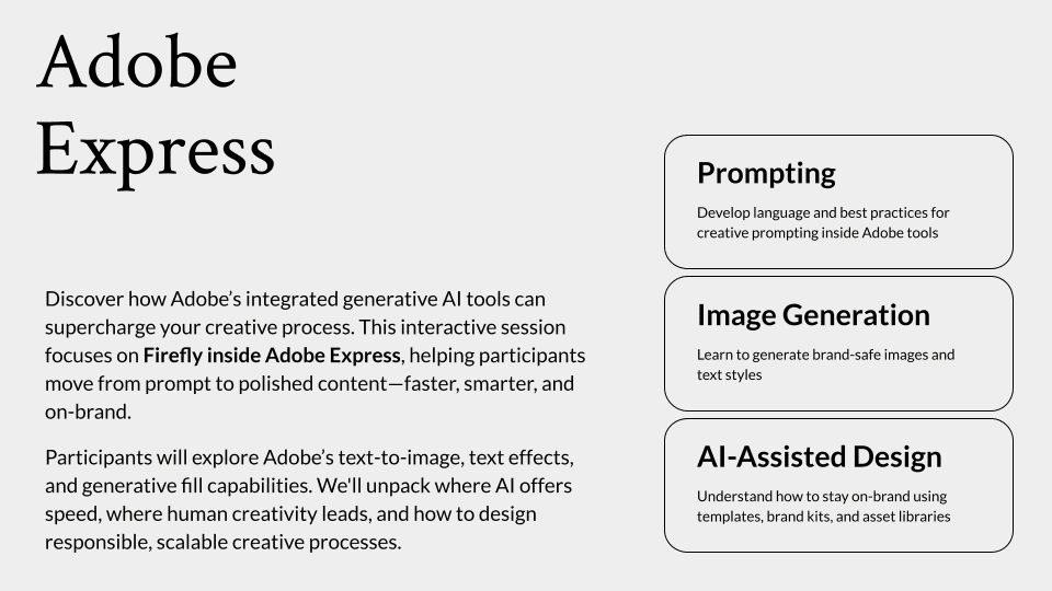 A one-page pitch for an AI and Adobe Express course. The title "Adobe Express" is a rotating AI-generated typeface, including a mylar balloon type, a cactus type, a floral textile type, and a sheep hair type. by Sydney SG