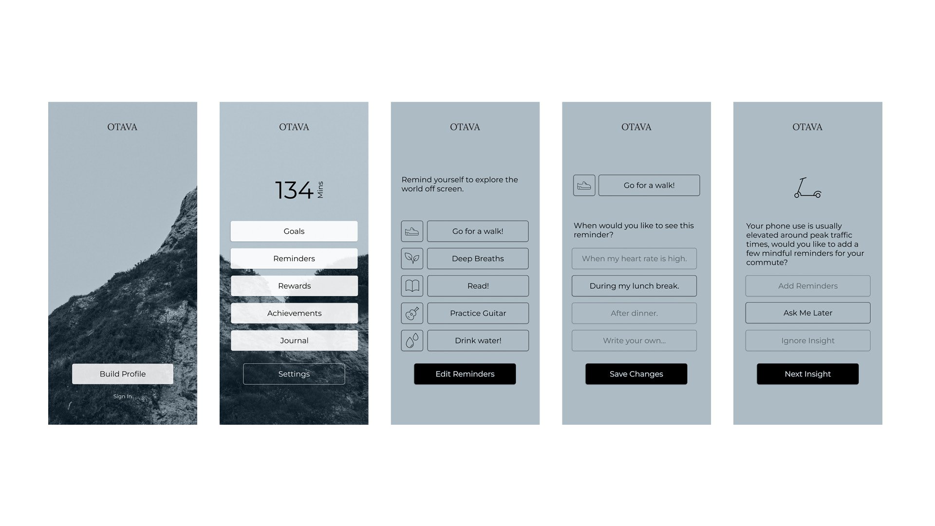 Five clean and minimalistic app interface screens for Otava, showcasing features like personalized reminders, activity tracking, and insights, all set against a serene blue-gray backdrop with soft typography. by Sydney SG