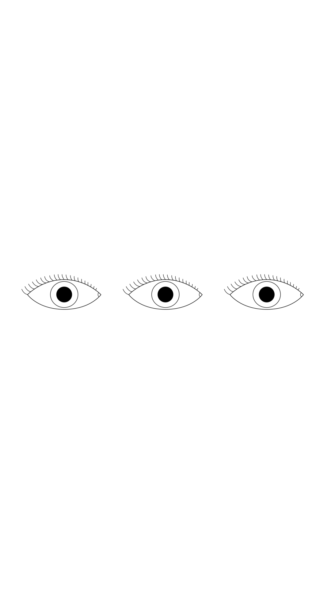A gif of three almond-shaped eyes in a horizontal line across the screen. Each eye starts with one iris, which slowly rolls up and back, revealing a second iris from the bottom of the eye. The animation continues with irises rolling in the same direction, but slightly staggered with the left eye rolling first, then center, then right. Throughout the animation the colors change from black on white to red on white, then blue on red, red on green, green on periwinkle, etc. by Sydney SG